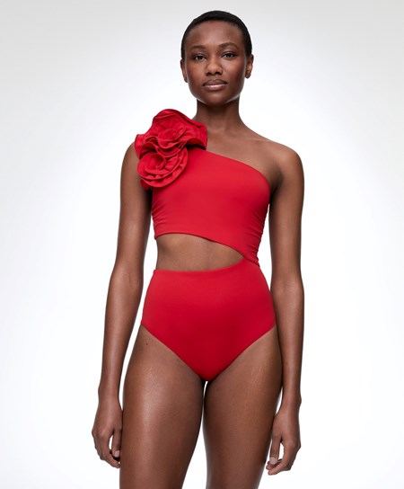 Oysho Floral Asymmetric Trikini Czerwone | 530641ILY