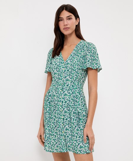 Oysho Floral Krótkie Sukienki Zielone | 105324RMH