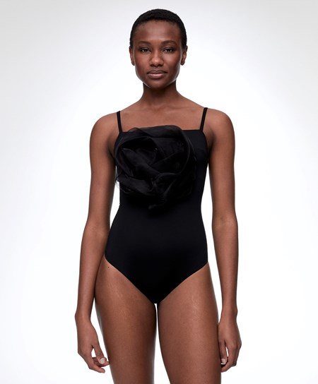 Oysho Floral Organza Swimsuit Czarne | 576392NDQ