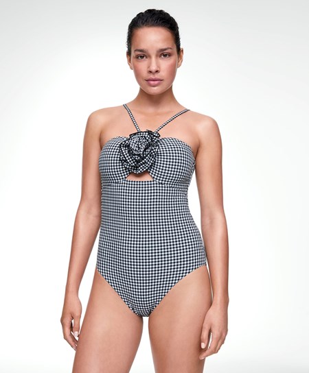 Oysho Gingham Cut-out Swimsuit Czarne | 301457GSB