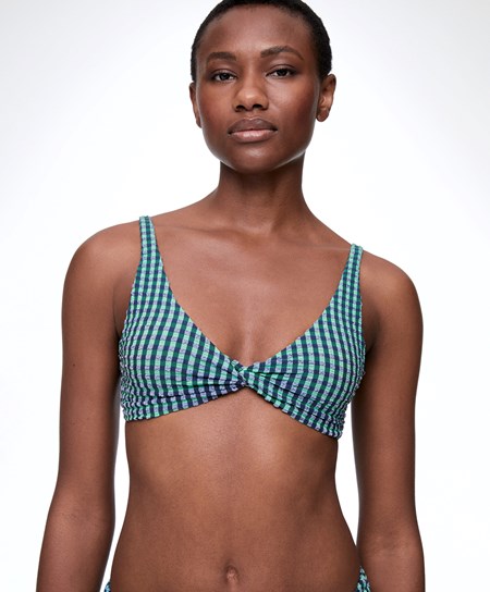 Oysho Gingham Halterneck Bikini Top Aquamarine | 246057ADI