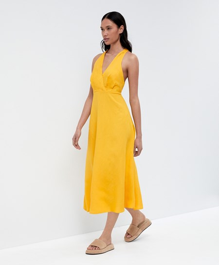 Oysho Knot Back Linen Halterneck Sukienki Mid-yellow | 640957JDV