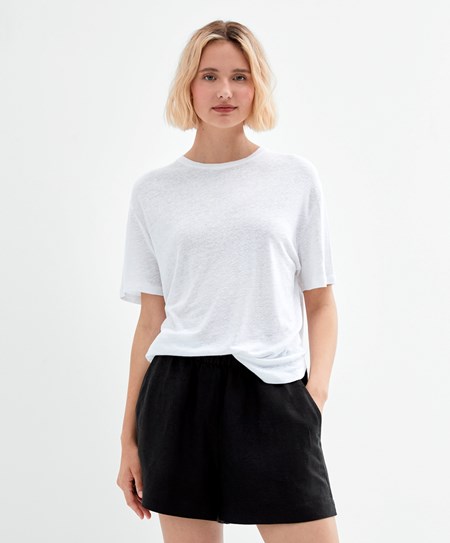 Oysho Krótkie Sleeve Linen T-shirt Białe | 127094WJL