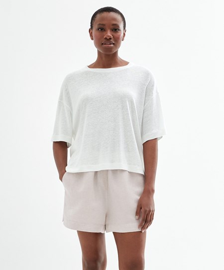 Oysho Krótkie Sleeve Linen T-shirt Białe | 301957JPG