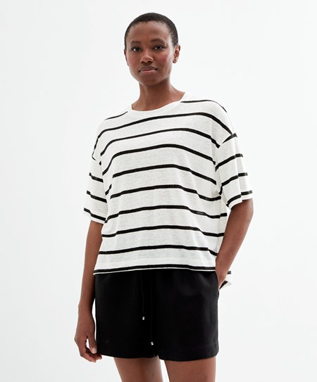 Oysho Krótkie-sleeved Linen Stripe T-shirt Czarne | 410985FMX