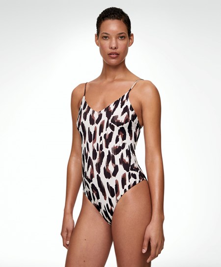 Oysho Leopard Print V-neck Swimsuit Ecru | 853072KGZ