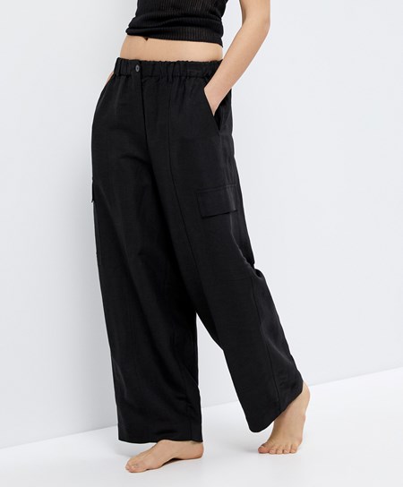 Oysho Linen Cargo Trousers Czarne | 230174NMI
