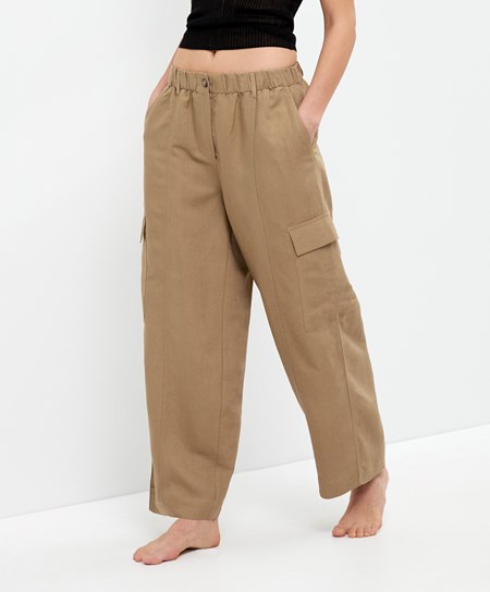 Oysho Linen Cargo Trousers Tan | 632984TLG