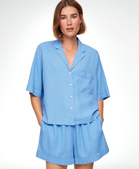 Oysho Linen Krótkie-sleeved Shirt Niebieskie | 024856VWA