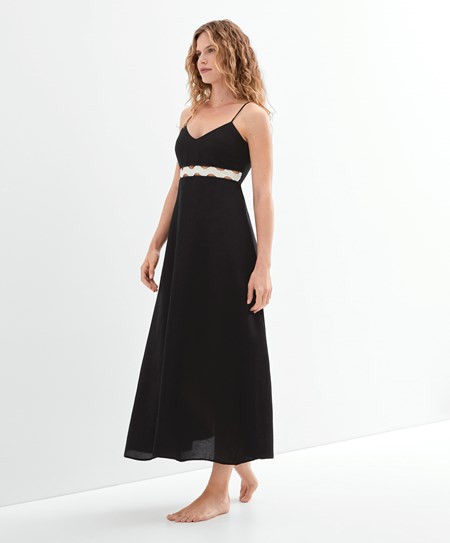 Oysho Linen Long Z Paskami Sukienki With Wave Detail Czarne | 620794IZD
