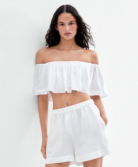 Oysho Linen Off-shoulder Top Białe | 084932FHC