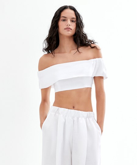 Oysho Linen Off-shoulder Top Białe | 654028FUB