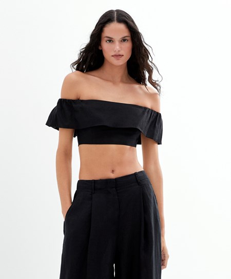 Oysho Linen Off-shoulder Top Czarne | 523094LQP