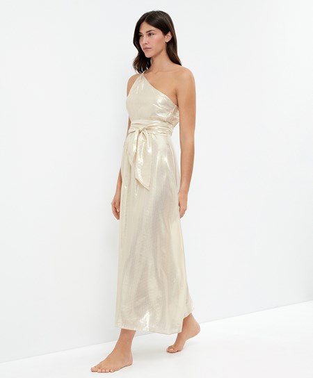 Oysho Long Asymmetric Silk Sukienki With Metallic Thread Białe Złote | 536894HYG