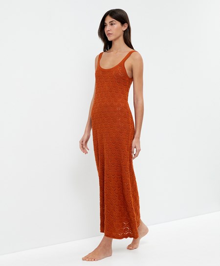 Oysho Long Bawełniane Crochet Sukienki Pomarańczowe | 178562CBF