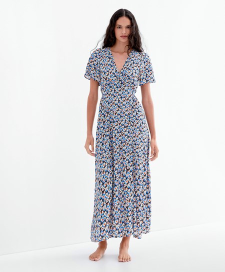 Oysho Long Floral Sukienki Niebieskie | 734860BWO