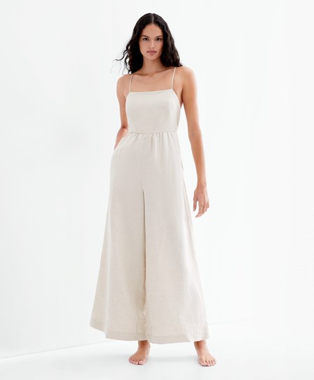 Oysho Long Linen Jumpsuit Sand Melange | 429135HNY