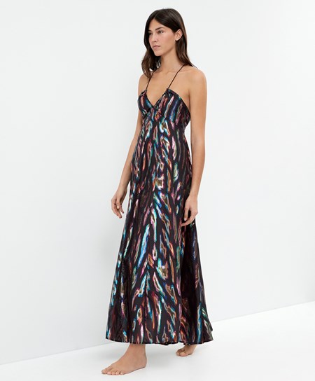 Oysho Long Printed Z Paskami Sukienki Czarne | 073619LGY