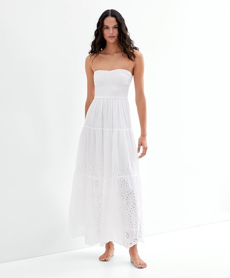 Oysho Long Sukienki In 100% Bawełniane Broderie Anglaise Białe | 713549DUT