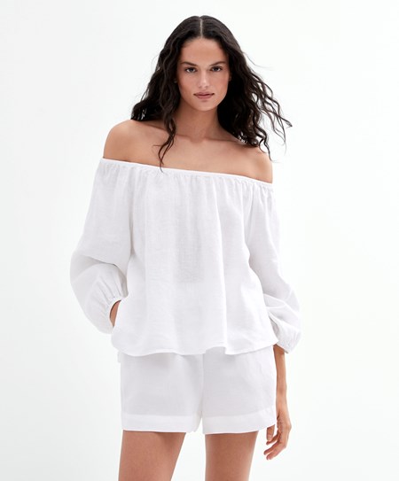 Oysho Long-sleeved 100% Linen Blouse Białe | 314829CWA