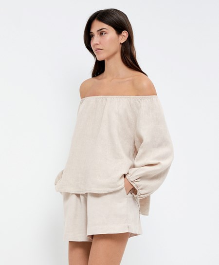 Oysho Long-sleeved 100% Linen Blouse Sand Melange | 123746KFH