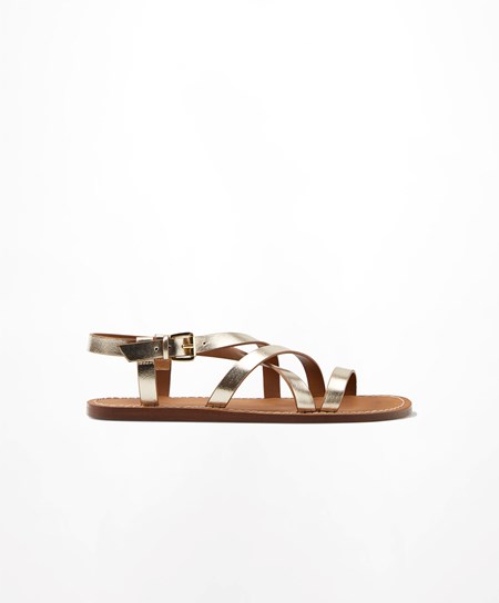Oysho Metallic Skórzane Sandals Złote | 617028RYS