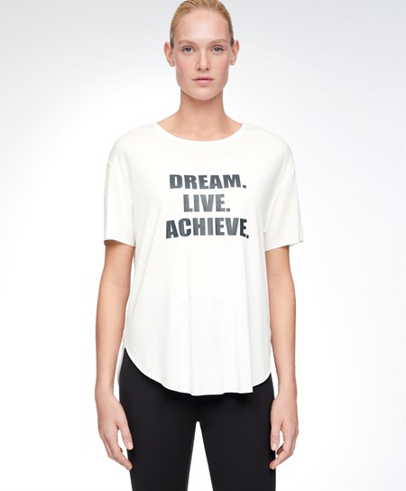 Oysho Modal Krótkie-sleeved Text T-shirt Ecru | 583671XUP