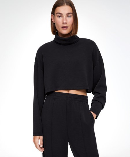 Oysho Modal Roll-neck Crop Sweatshirt Czarne | 018497RBD