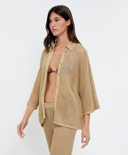Oysho Oversize Knit Shirt Złote | 157943MQO