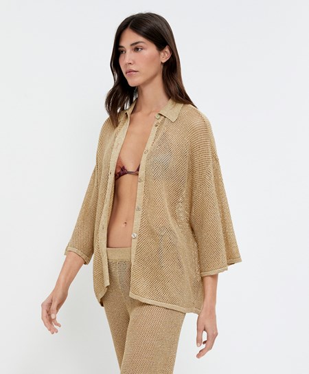 Oysho Oversize Knit Shirt Złote | 361872KVS