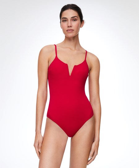 Oysho Piqué V-neck Swimsuit Czerwone | 638591UMD