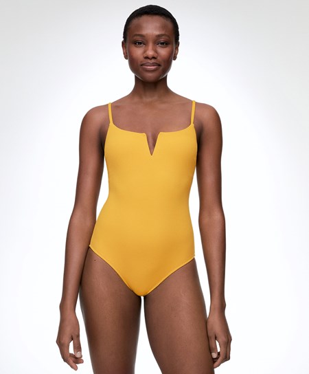 Oysho Piqué V-neck Swimsuit Mid-yellow | 129307COS