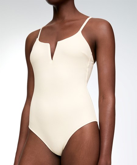 Oysho Piqué V-neck Swimsuit Vanilla | 087135WFT