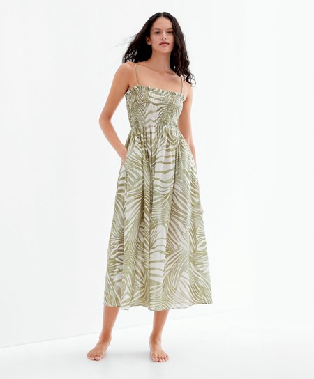 Oysho Printed 100% Bawełniane Z Paskami Midi Sukienki Khaki | 714305EWB
