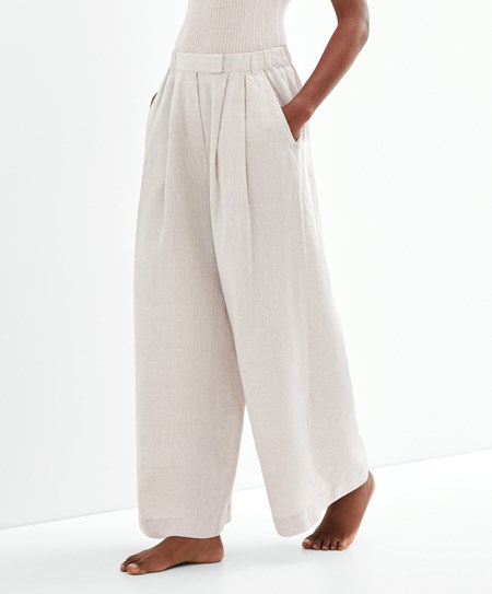 Oysho Relaxed-fit 100% Linen Trousers Sand Melange | 926083OYF
