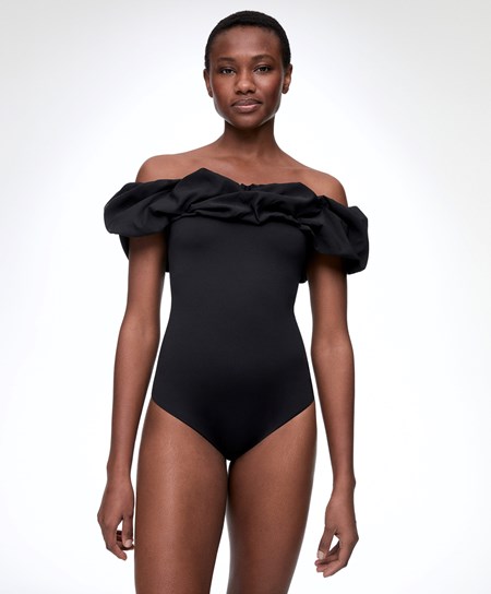 Oysho Ruffle Bandeau Swimsuit Czarne | 078536VIF