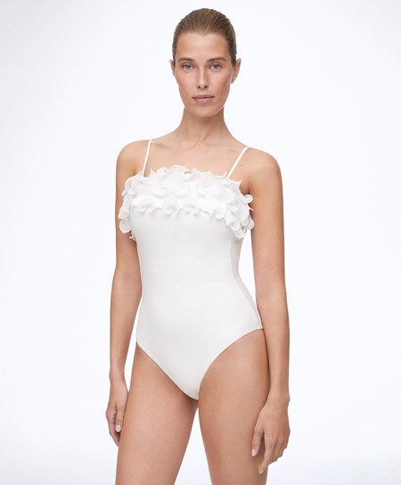Oysho Ruffled Bandeau Swimsuit Białe | 680732BZD