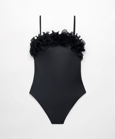Oysho Ruffled Bandeau Swimsuit Czarne | 154370CHL