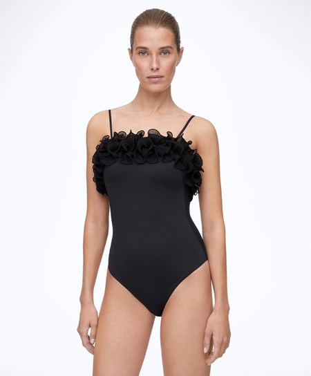 Oysho Ruffled Bandeau Swimsuit Czarne | 718024IQN