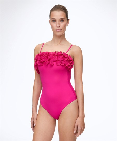 Oysho Ruffled Bandeau Swimsuit Fuksja | 918076WXH
