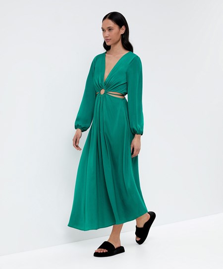 Oysho Satin Cut-out Long-sleeved Midi Sukienki Zielone | 781409MZY