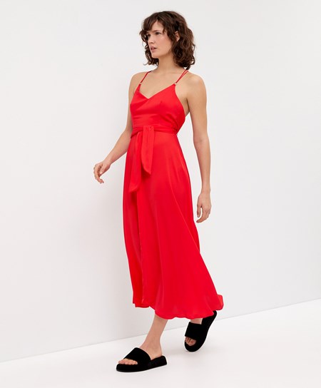 Oysho Satin Z Paskami Midi Sukienki Orange-red | 369521LOY