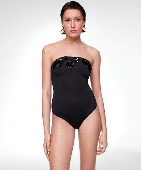 Oysho Sequinned Flowers Bandeau Swimsuit Czarne | 052394JDQ