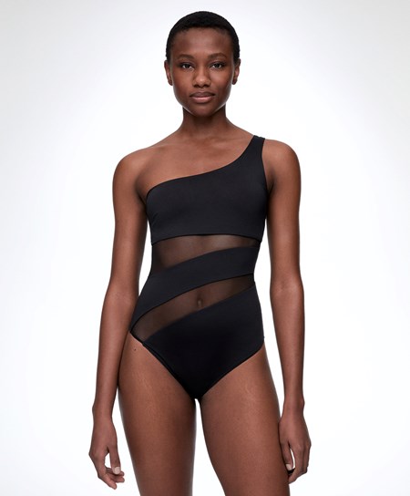 Oysho Sheer Panel Asymmetric Swimsuit Czarne | 074213DBL