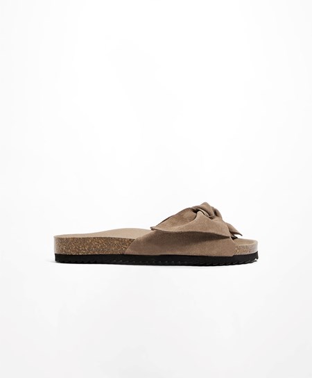 Oysho Skórzane Bow Sandals Mink | 103428IGP