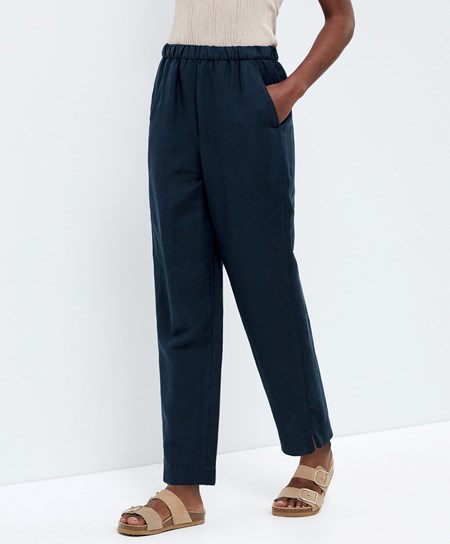 Oysho Slim Fit Linen Trousers Granatowe | 801495TLS