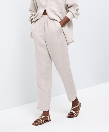 Oysho Slim Fit Linen Trousers Sand Melange | 194270XTV