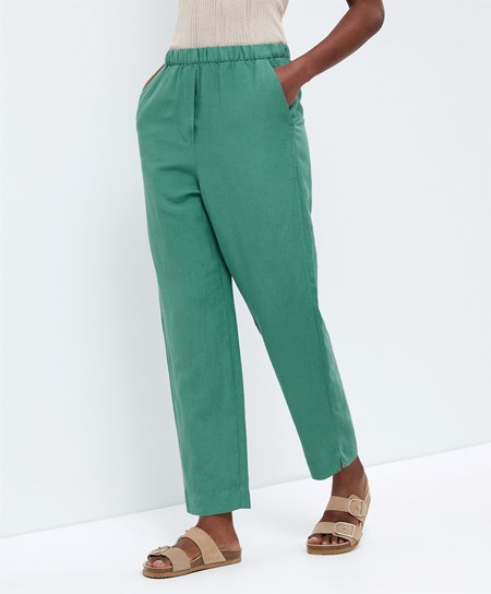Oysho Slim Fit Linen Trousers Zielone | 236510AXB