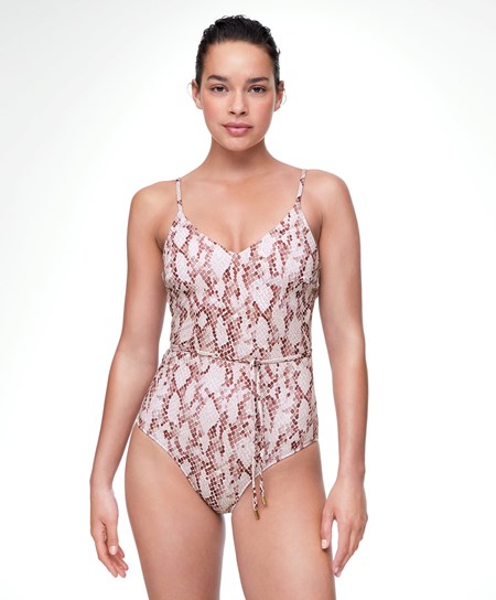 Oysho Snake Print V-neck Swimsuit Różowe | 673280VJE