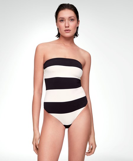 Oysho Stripe Piqué Bandeau Swimsuit Czarne | 516478PIC